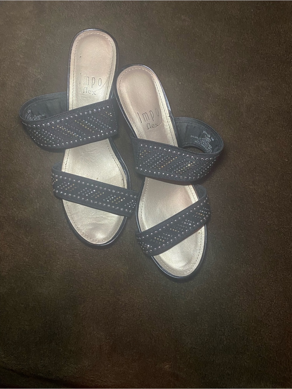 Impo “Vivian” Black Gemstone Double-Strap Wedge Sandals